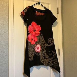 Desigual Black Tunic with Vibrant Red Floral Accents